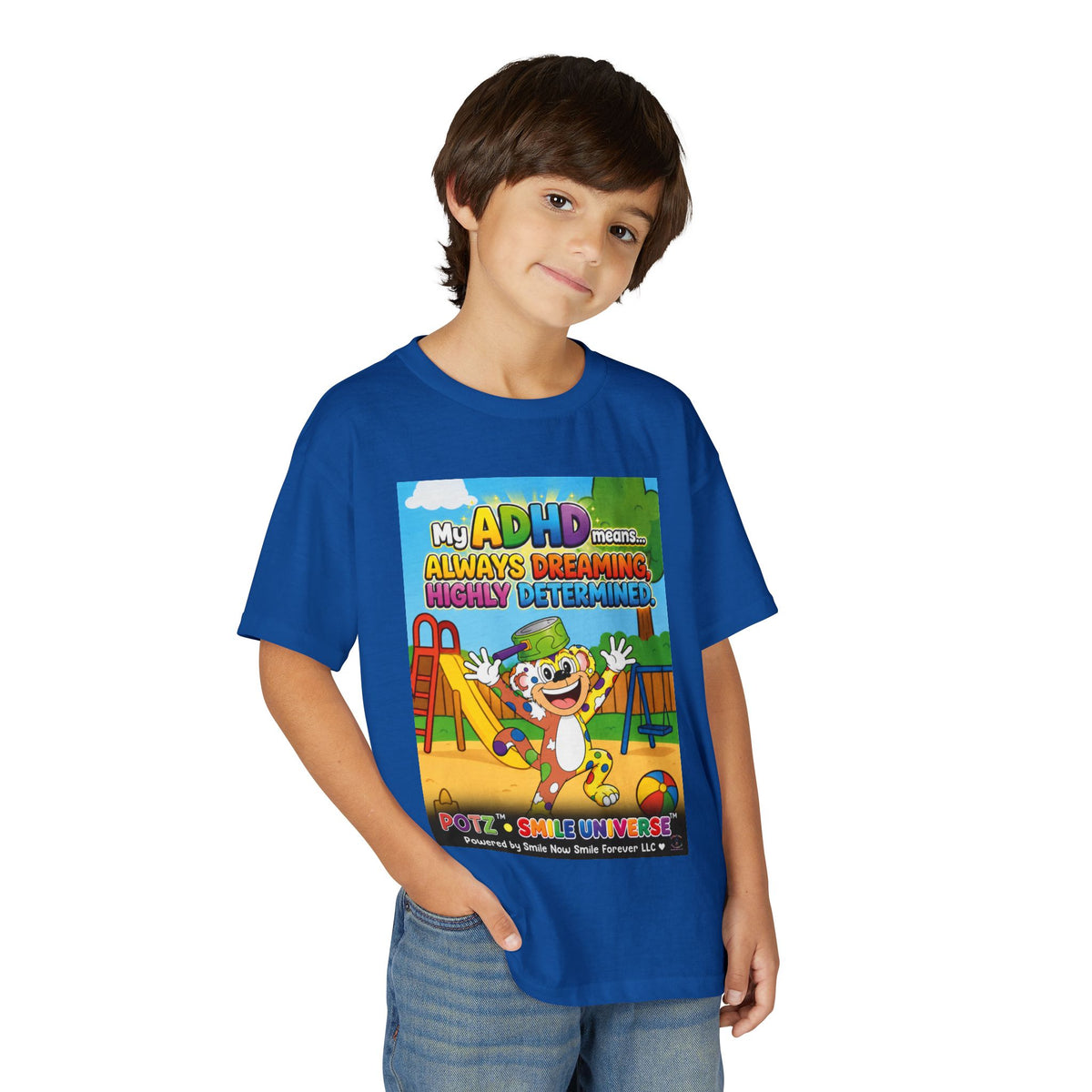 Potz™ Youth DryBlend® T-Shirt – "My ADHD Means Always Dreaming, Highly Determined" Graphic Tee | Smile Universe Collection