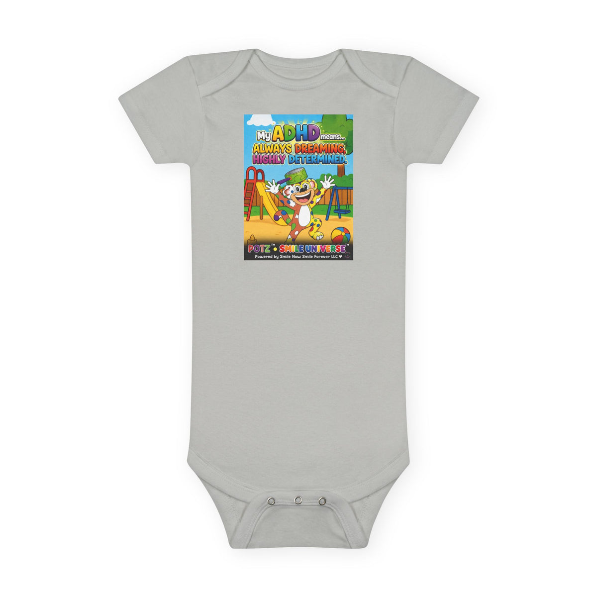 Potz™ Baby Short Sleeve Onesie® – "My ADHD Means Always Dreaming, Highly Determined" Graphic Bodysuit | Smile Universe Collection