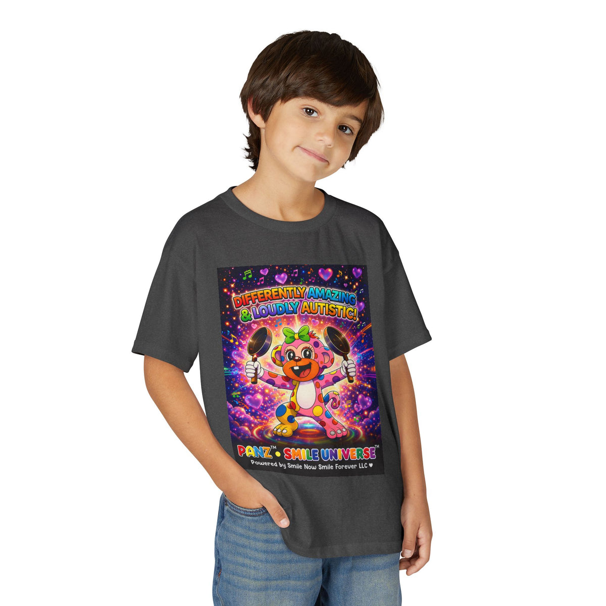 Panz™ Youth DryBlend® T-Shirt – "Differently Amazing & Loudly Autistic!" Graphic | Smile Universe Collection