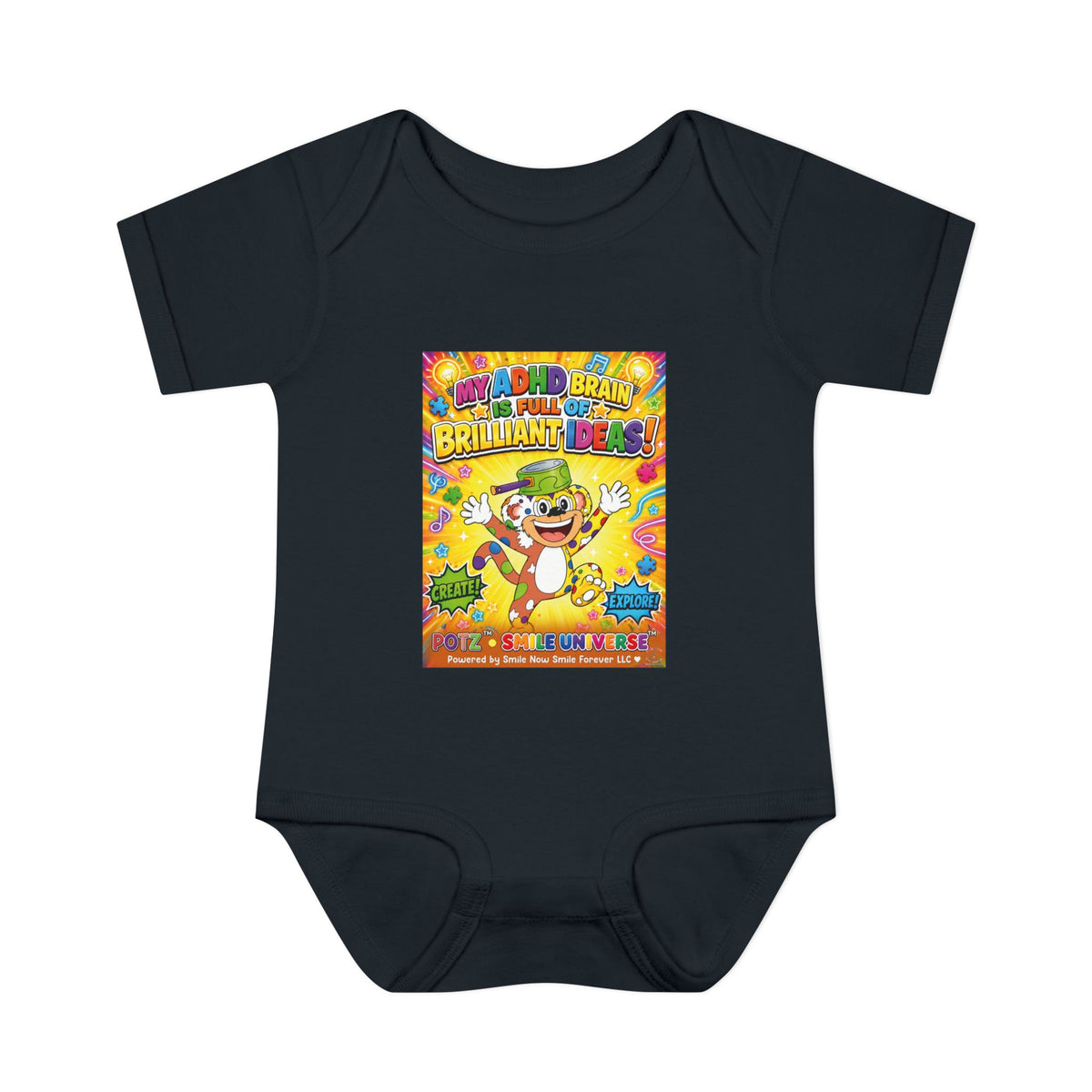 Potz™ Infant Baby Rib Bodysuit – "My ADHD Brain is Full of Brilliant Ideas!" Graphic Onesie | Smile Universe Collection
