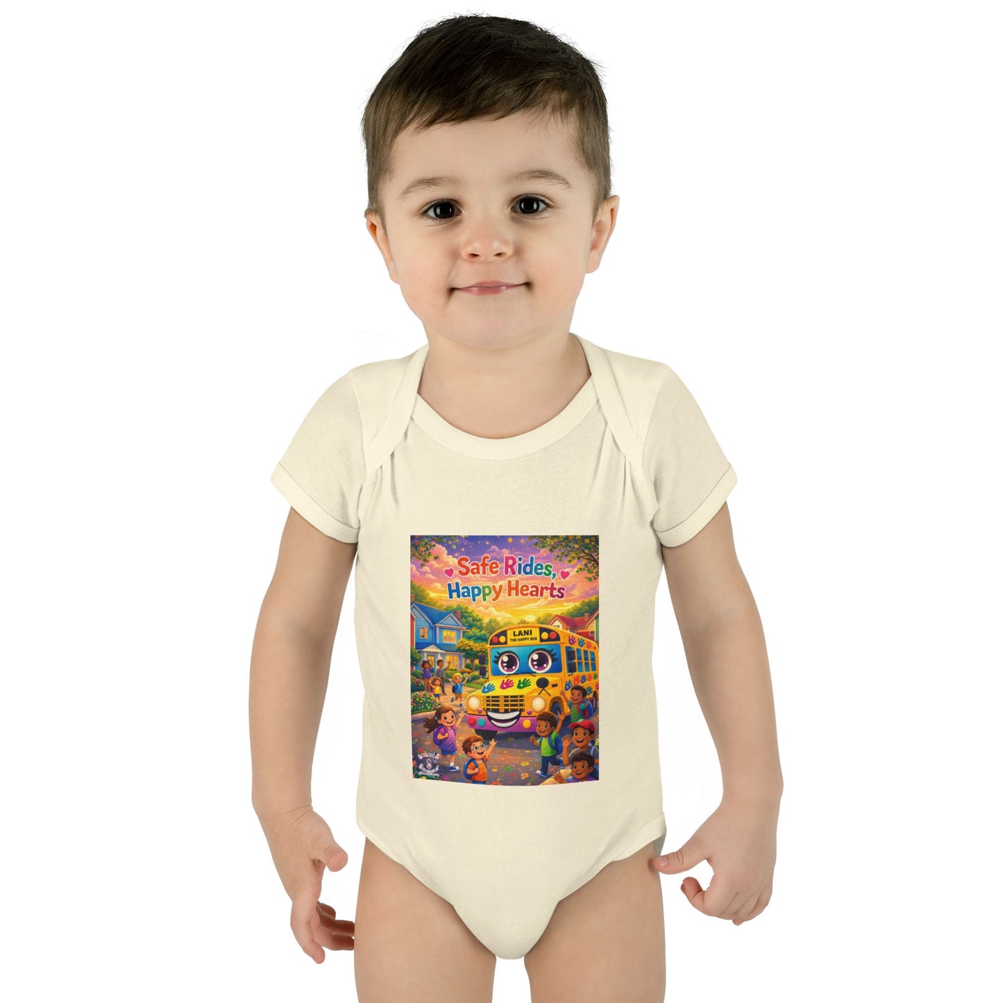 Lani™ Infant Baby Rib Bodysuit – "Safe Rides, Happy Hearts" Graphic