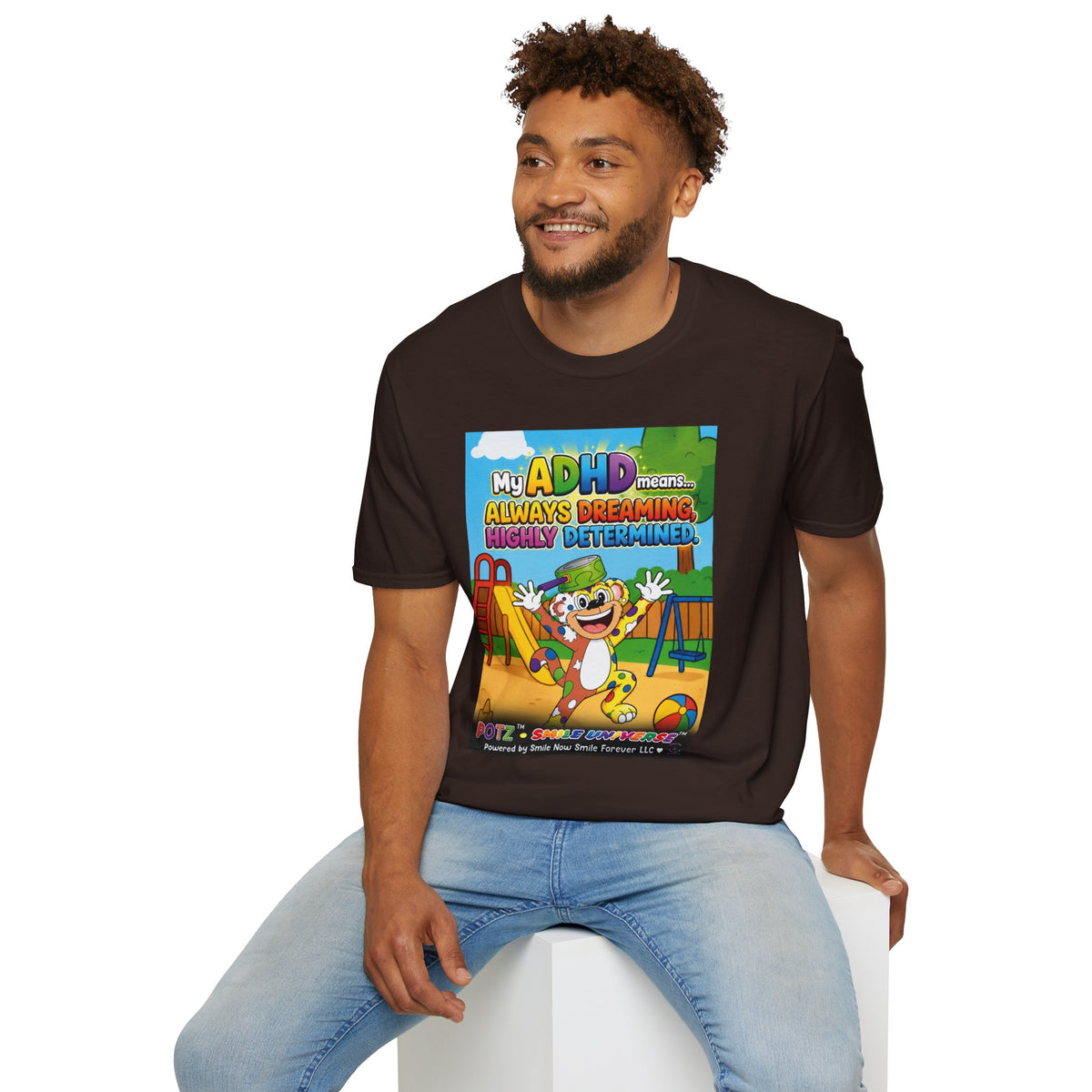 Potz™ Unisex Softstyle T-Shirt – "My ADHD Means Always Dreaming, Highly Determined" Graphic Tee | Smile Universe Collection