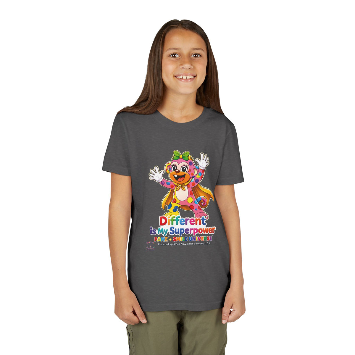 Panz™ Youth Short Sleeve Tee – "Different is My Superpower" Graphic | Smile Universe Collection