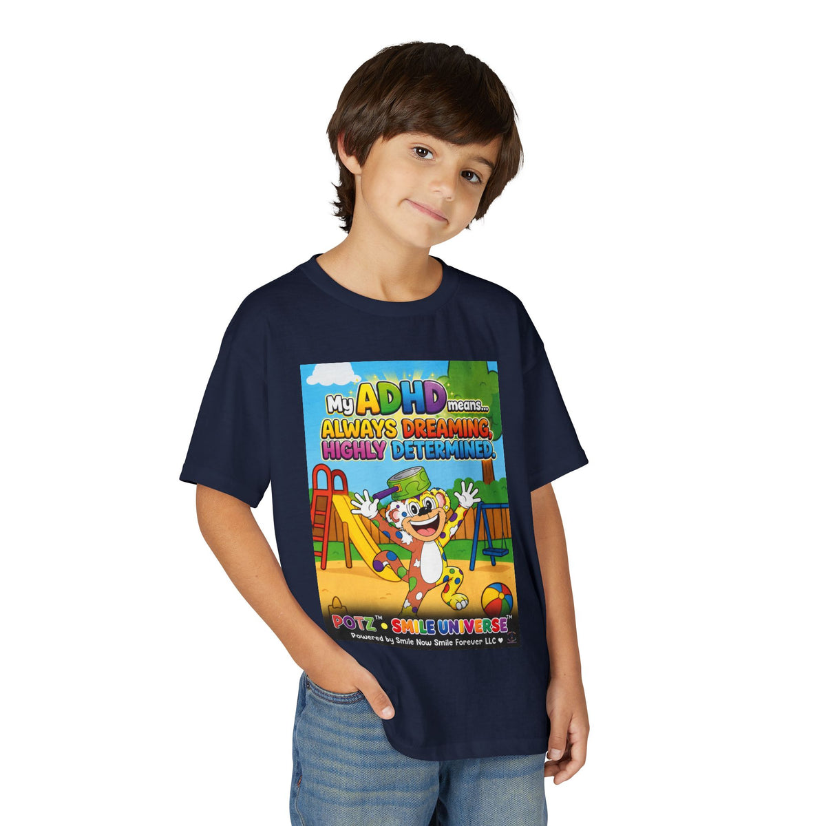 Potz™ Youth DryBlend® T-Shirt – "My ADHD Means Always Dreaming, Highly Determined" Graphic Tee | Smile Universe Collection