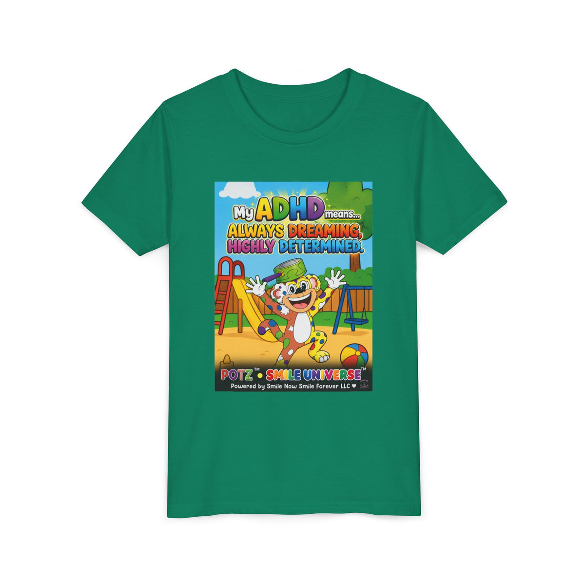 Potz™ Youth Short Sleeve Tee – "My ADHD Means Always Dreaming, Highly Determined" Graphic Tee | Smile Universe Collection