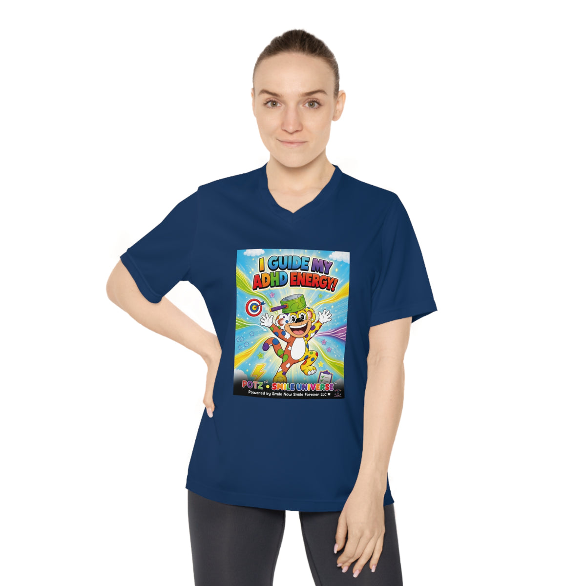 Potz™ Women's Performance V-Neck T-Shirt – "I Guide My ADHD Energy!" Graphic Tee | Smile Universe Collection