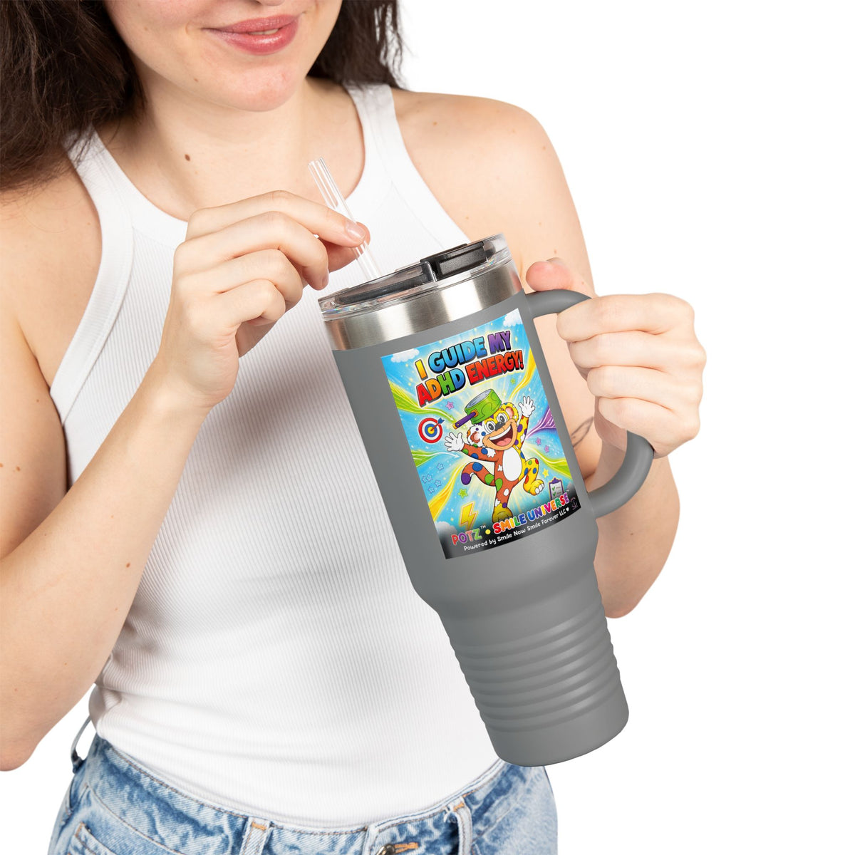 Potz™ Insulated Travel Mug 40oz – "I Guide My ADHD Energy!" Graphic Tumbler | Smile Universe Collection
