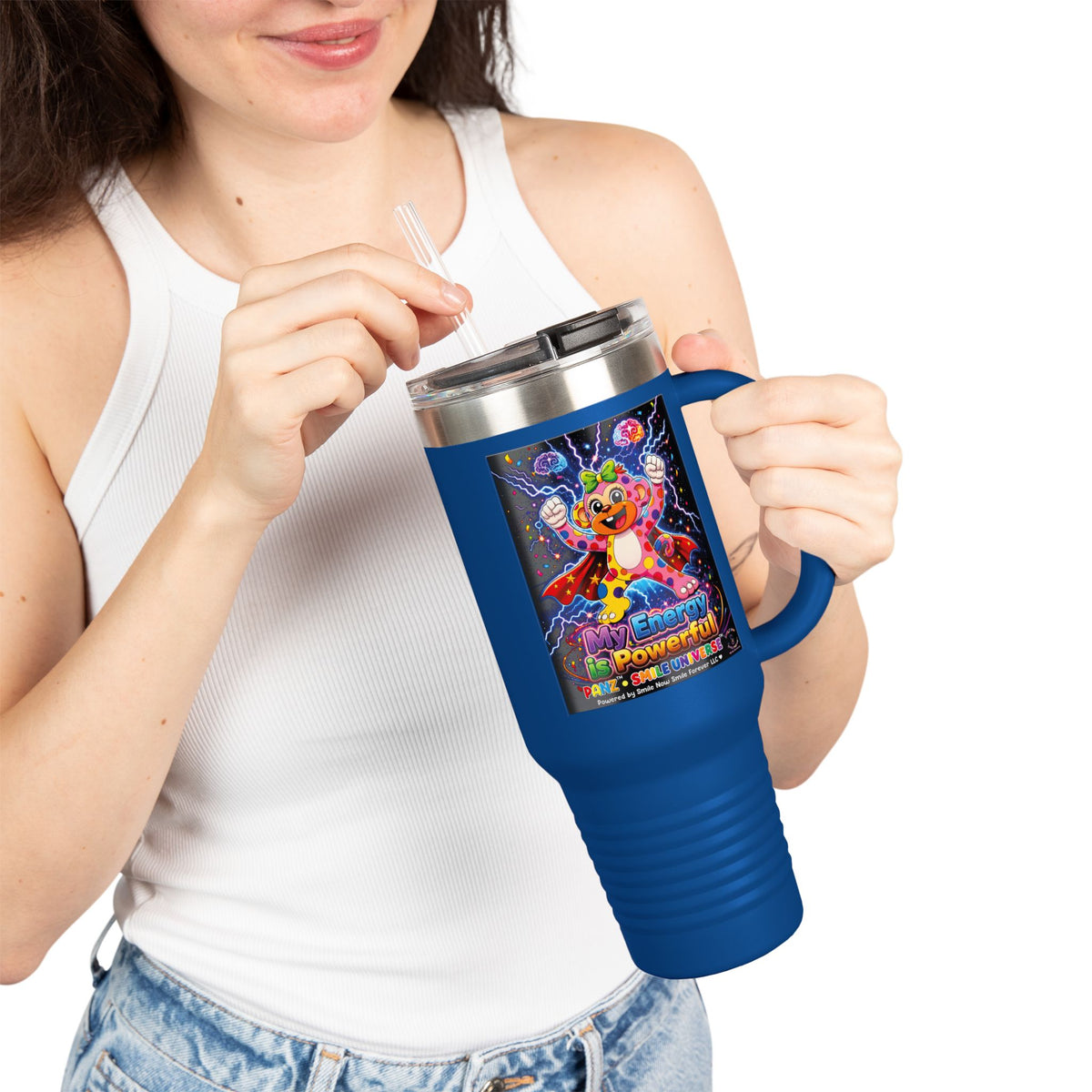 Panz™ Insulated Travel Mug 40oz – "My Energy is Powerful" Graphic Tumbler | Smile Universe Collection