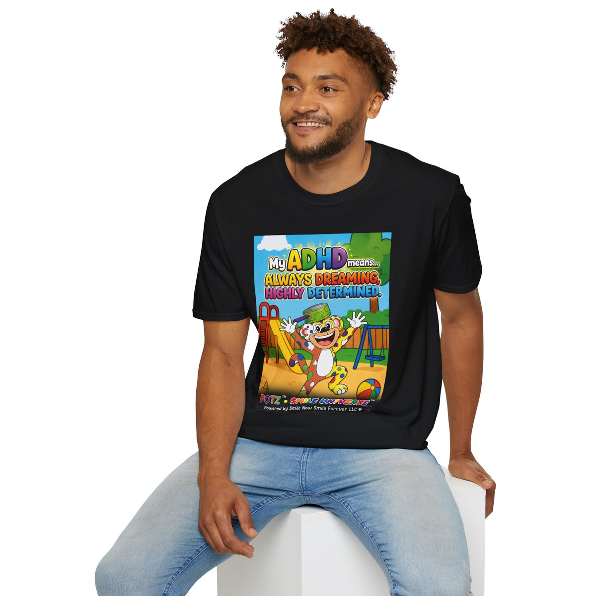 Potz™ Unisex Softstyle T-Shirt – "My ADHD Means Always Dreaming, Highly Determined" Graphic Tee | Smile Universe Collection