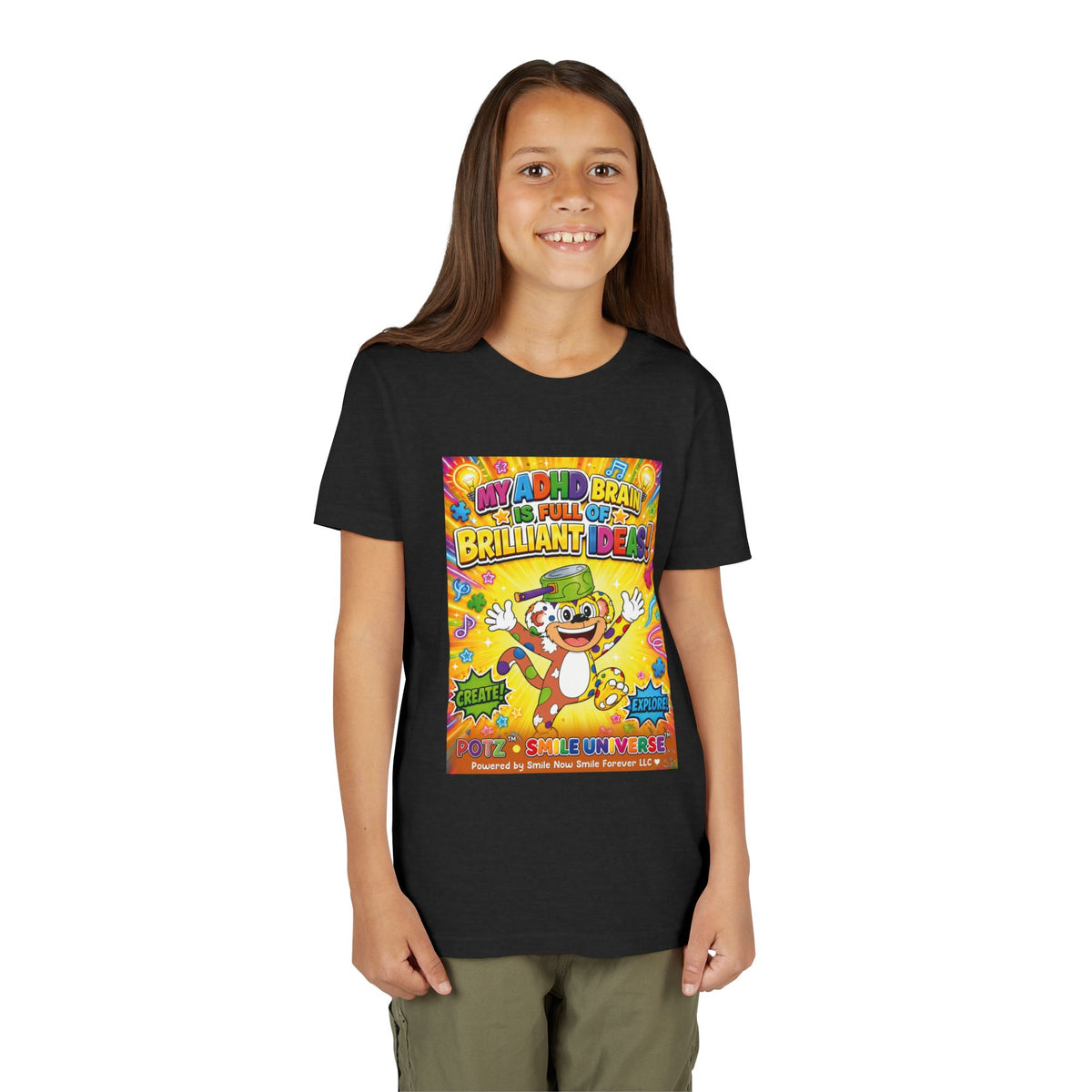 Potz™ Youth Short Sleeve Tee – "My ADHD Brain is Full of Brilliant Ideas!" Graphic Tee | Smile Universe Collection