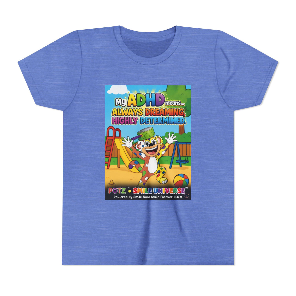 Potz™ Youth Short Sleeve Tee – "My ADHD Means Always Dreaming, Highly Determined" Graphic Tee | Smile Universe Collection