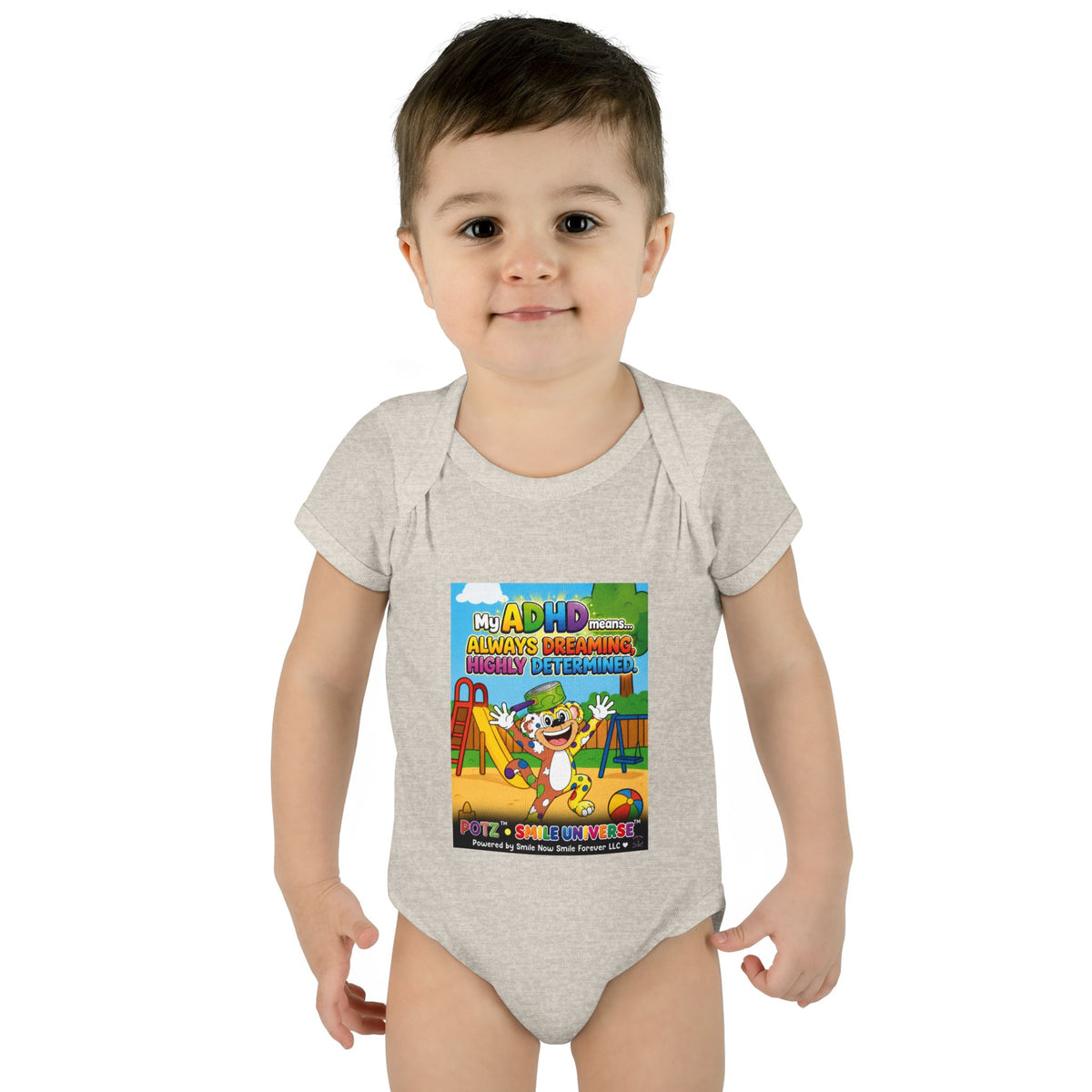 Potz™ Infant Baby Rib Bodysuit – "My ADHD Means Always Dreaming, Highly Determined" Graphic Onesie | Smile Universe Collection