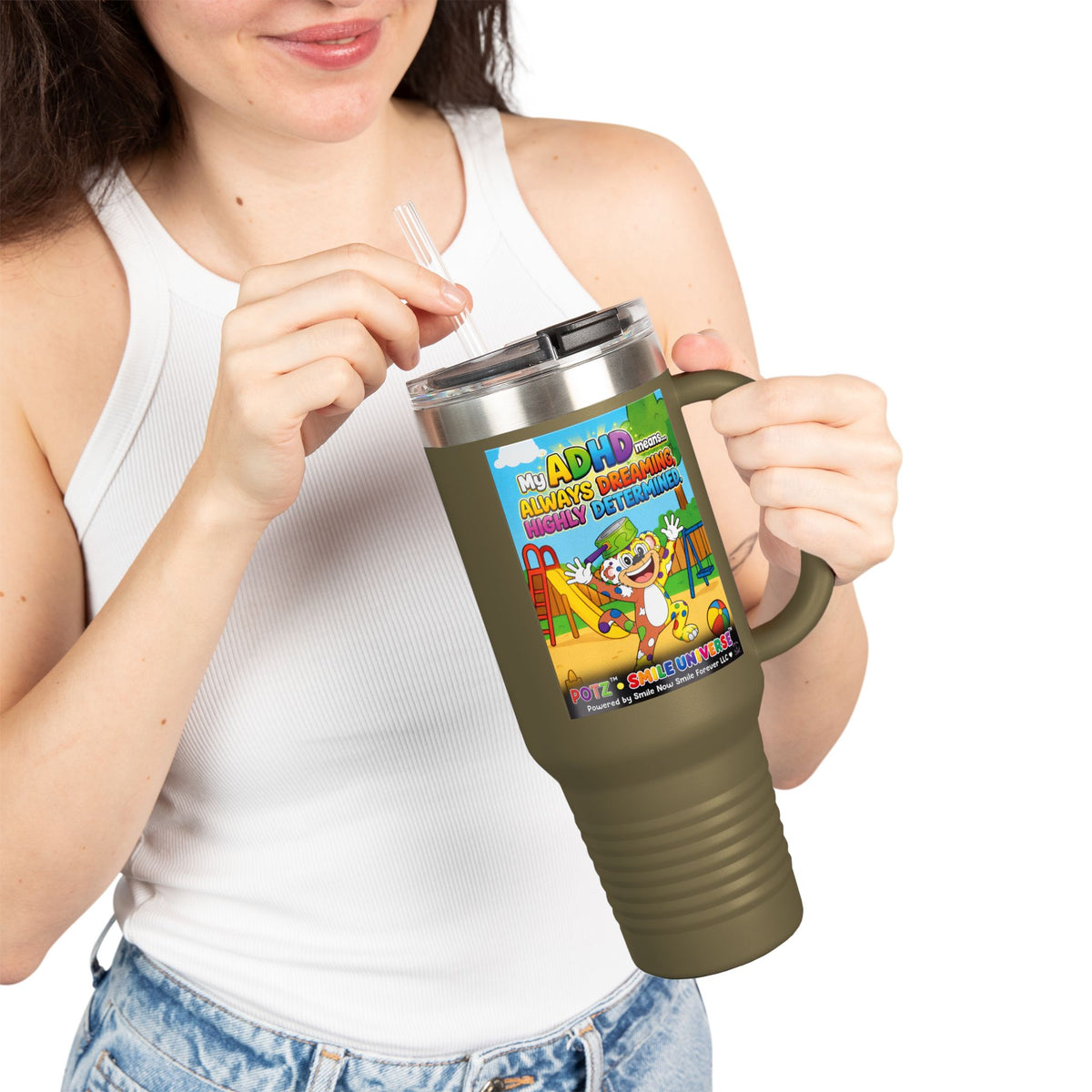 Potz™ Insulated Travel Mug 40oz – "My ADHD Means Always Dreaming, Highly Determined" Graphic Tumbler | Smile Universe Collection