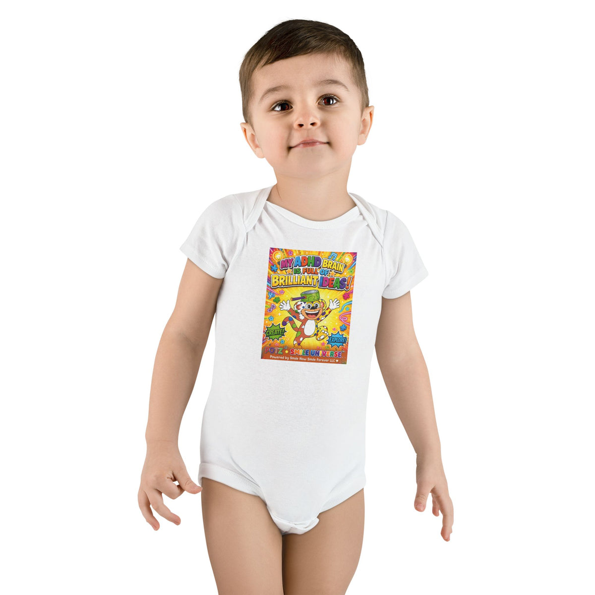 Potz™ Baby Short Sleeve Onesie® – "My ADHD Brain is Full of Brilliant Ideas!" Graphic Bodysuit | Smile Universe Collection