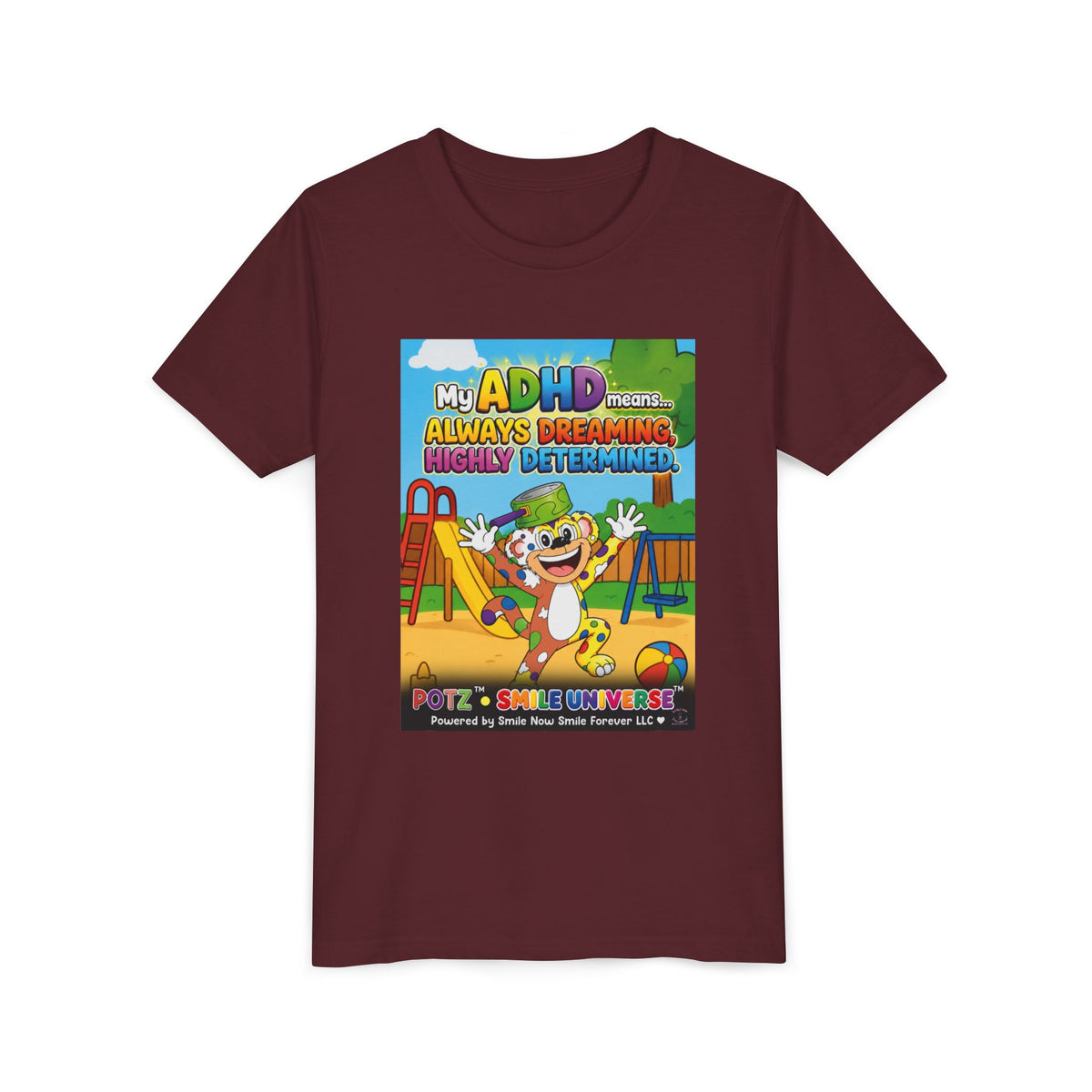 Potz™ Youth Short Sleeve Tee – "My ADHD Means Always Dreaming, Highly Determined" Graphic Tee | Smile Universe Collection