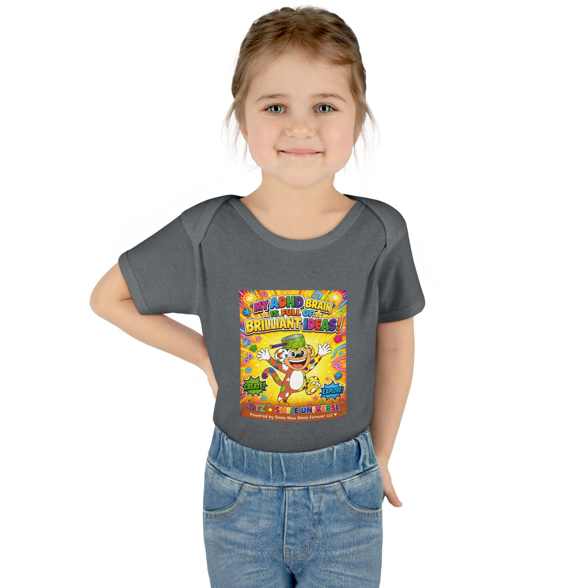 Potz™ Infant Baby Rib Bodysuit – "My ADHD Brain is Full of Brilliant Ideas!" Graphic Onesie | Smile Universe Collection