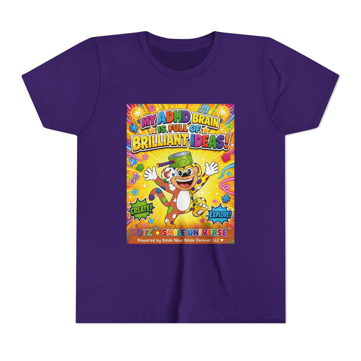 Potz™ Youth Short Sleeve Tee – "My ADHD Brain is Full of Brilliant Ideas!" Graphic Tee | Smile Universe Collection