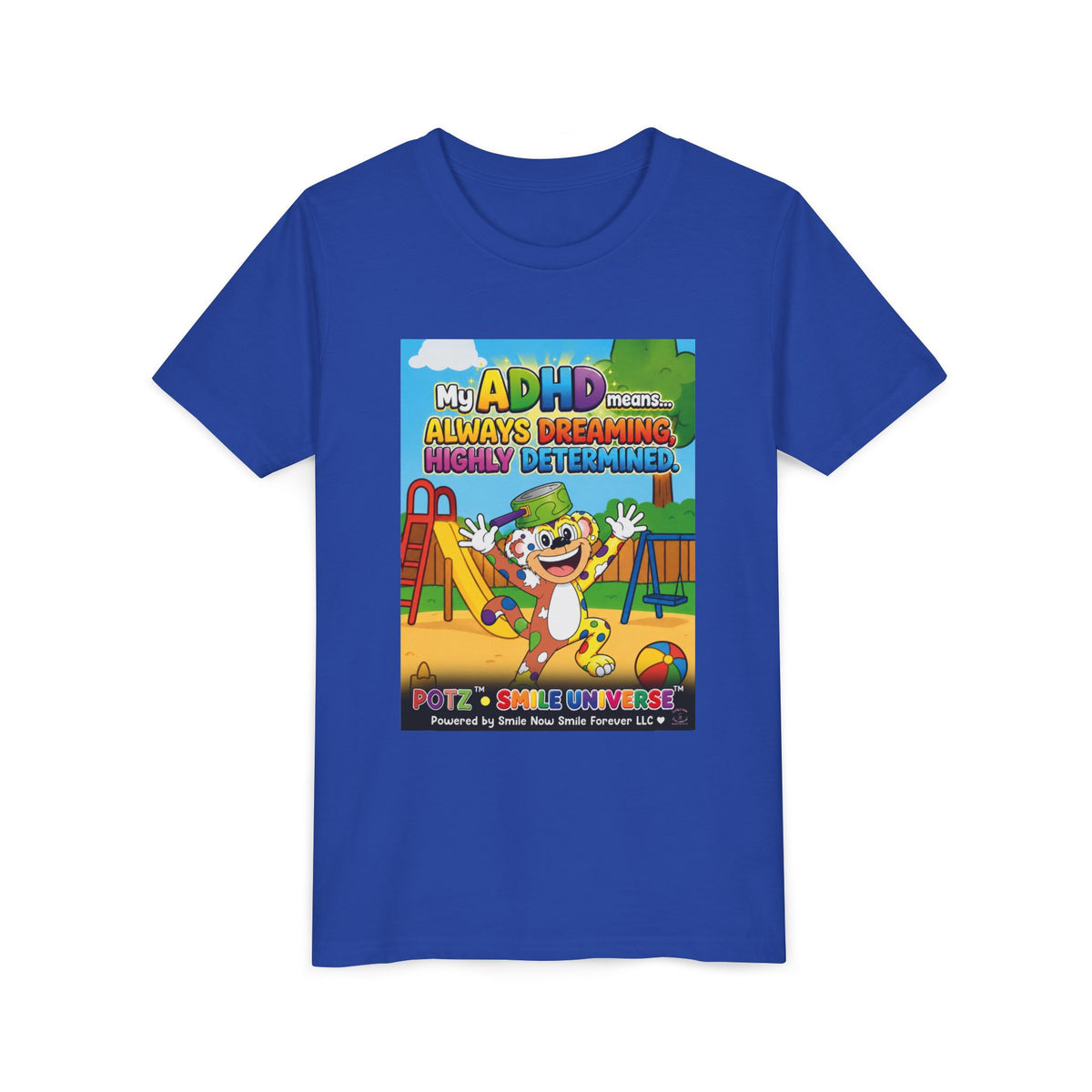 Potz™ Youth Short Sleeve Tee – "My ADHD Means Always Dreaming, Highly Determined" Graphic Tee | Smile Universe Collection