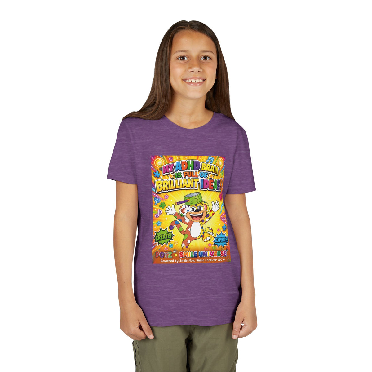 Potz™ Youth Short Sleeve Tee – "My ADHD Brain is Full of Brilliant Ideas!" Graphic Tee | Smile Universe Collection