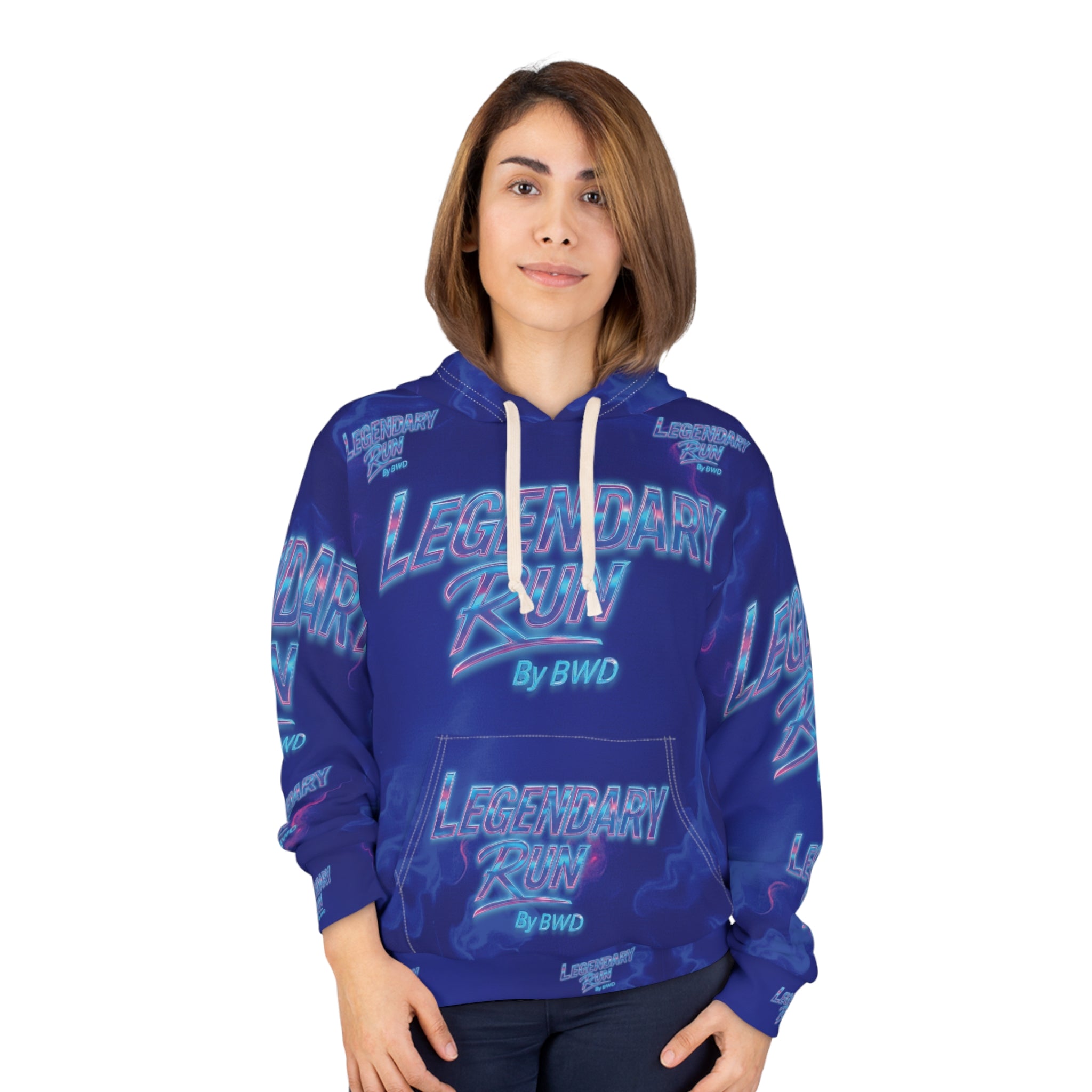 Legendary Run All-Over Print Hoodie — Neon Retro Racing Pullover