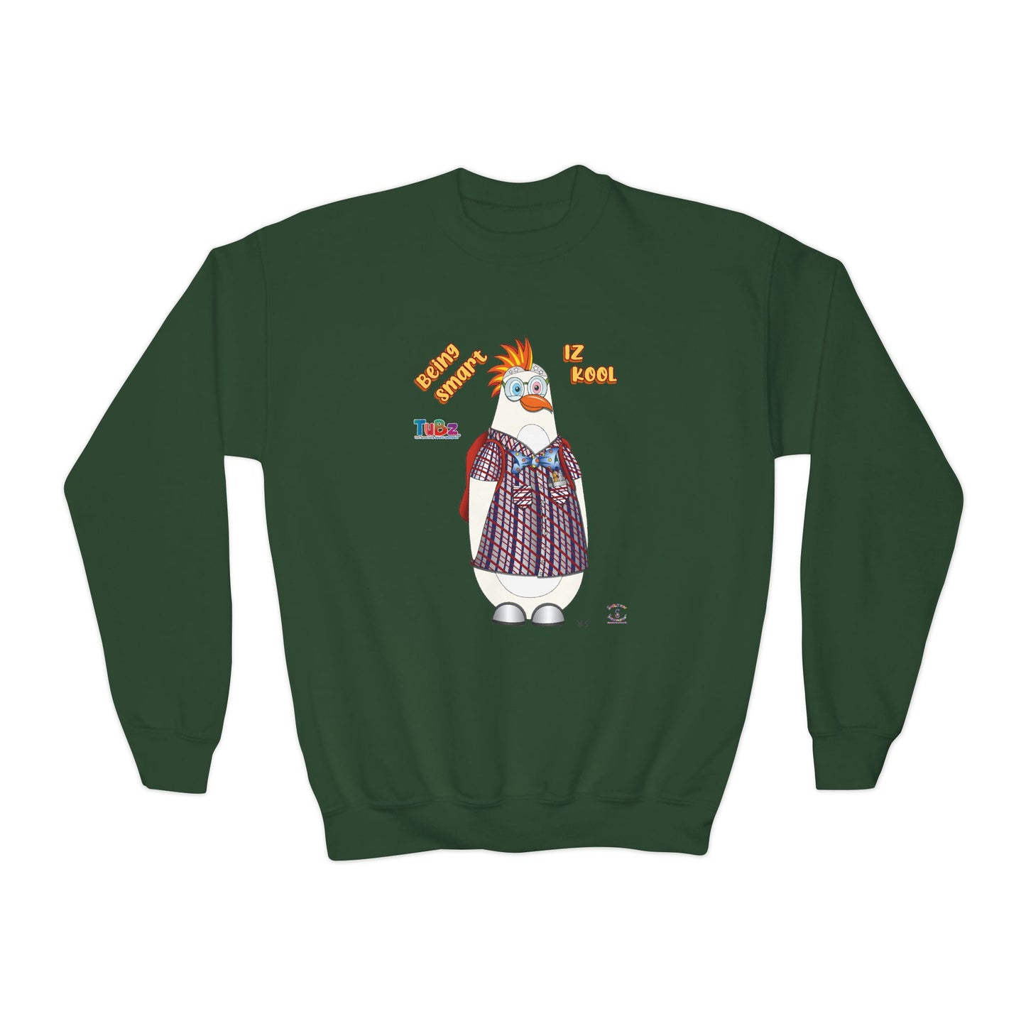 TuBz™ "Being Smart Iz Kool" Youth Crewneck Sweatshirt – Character Dress-Up Graphic Sweatshirt | Smile Universe TuBz4Kidz Collection
