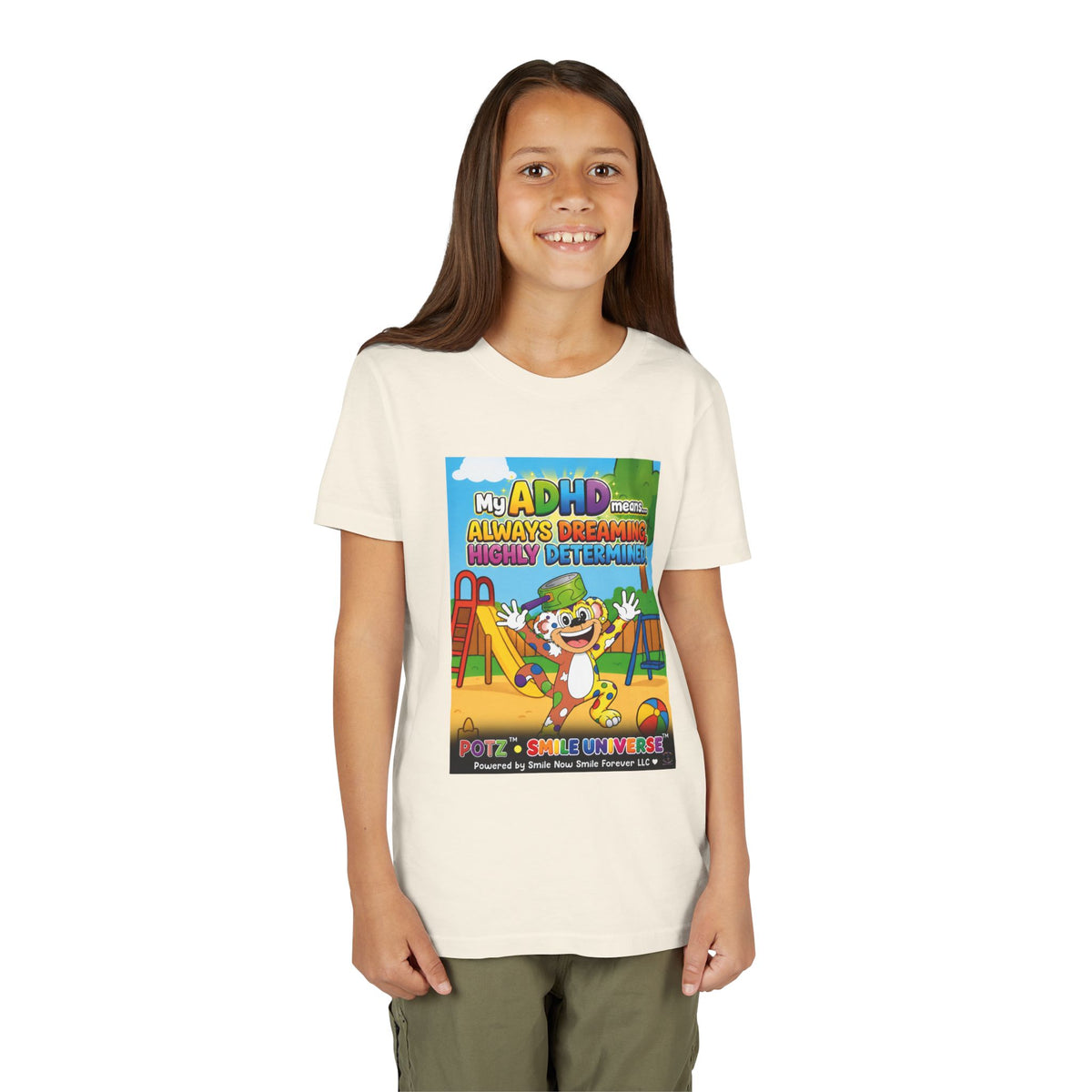 Potz™ Youth Short Sleeve Tee – "My ADHD Means Always Dreaming, Highly Determined" Graphic Tee | Smile Universe Collection