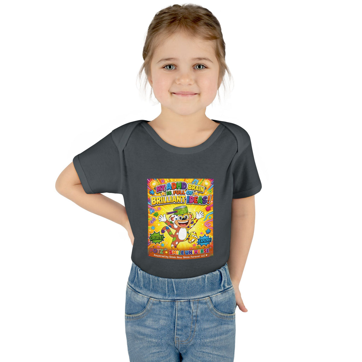 Potz™ Infant Baby Rib Bodysuit – "My ADHD Brain is Full of Brilliant Ideas!" Graphic Onesie | Smile Universe Collection