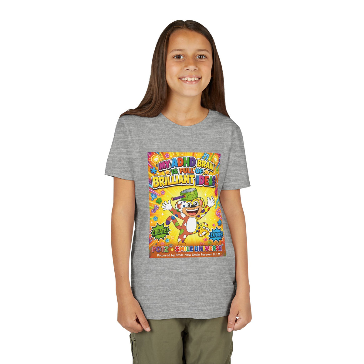 Potz™ Youth Short Sleeve Tee – "My ADHD Brain is Full of Brilliant Ideas!" Graphic Tee | Smile Universe Collection