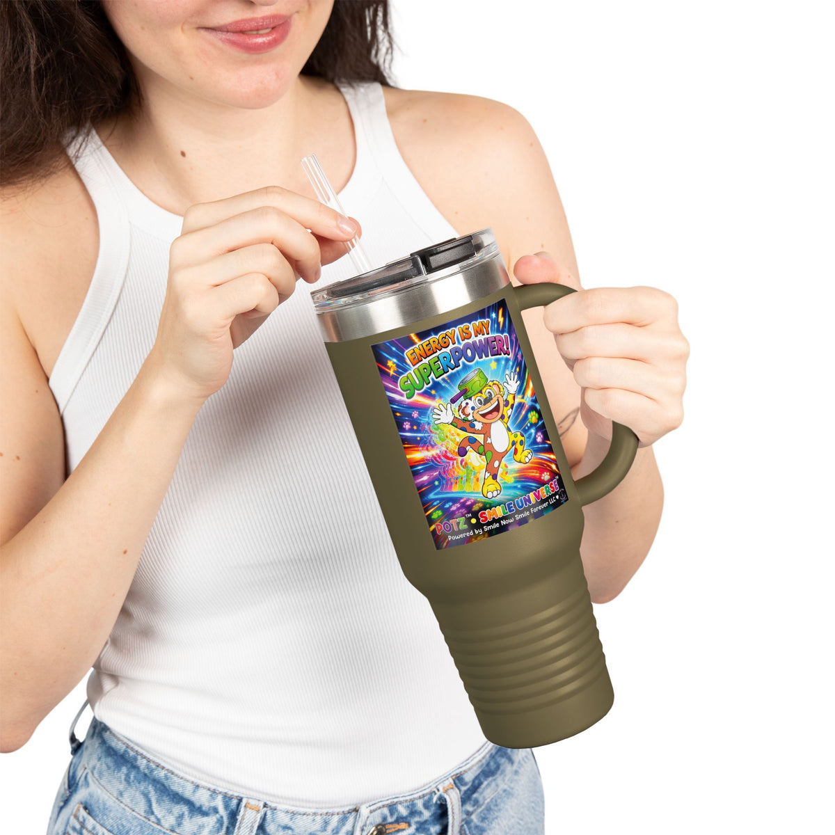 Potz™ Insulated Travel Mug 40oz – "Energy is My Superpower!" Graphic Tumbler | Smile Universe Collection