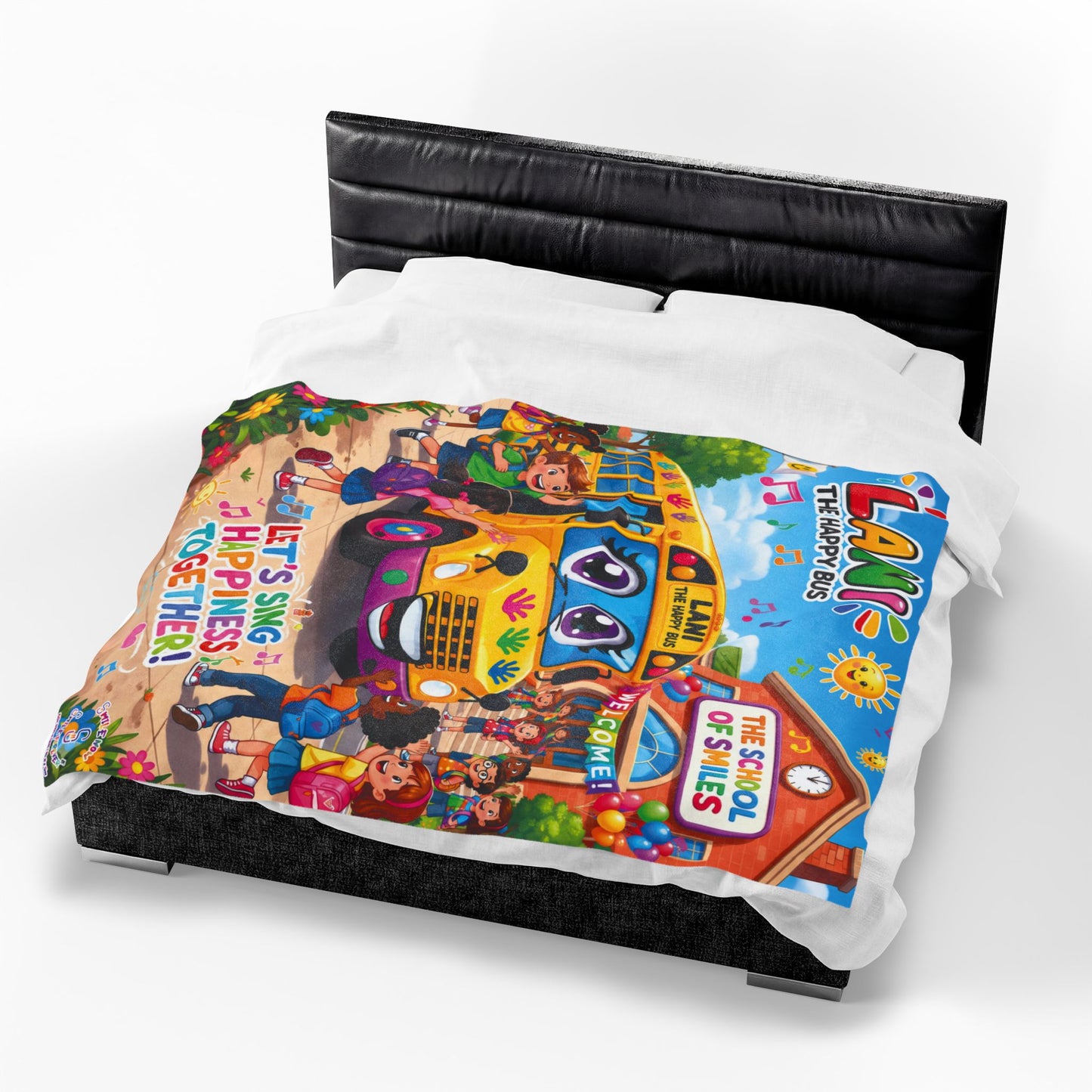 Lani the Happy Bus Kids Velveteen Blanket — "Let's Sing Happiness Together" Cozy Throw