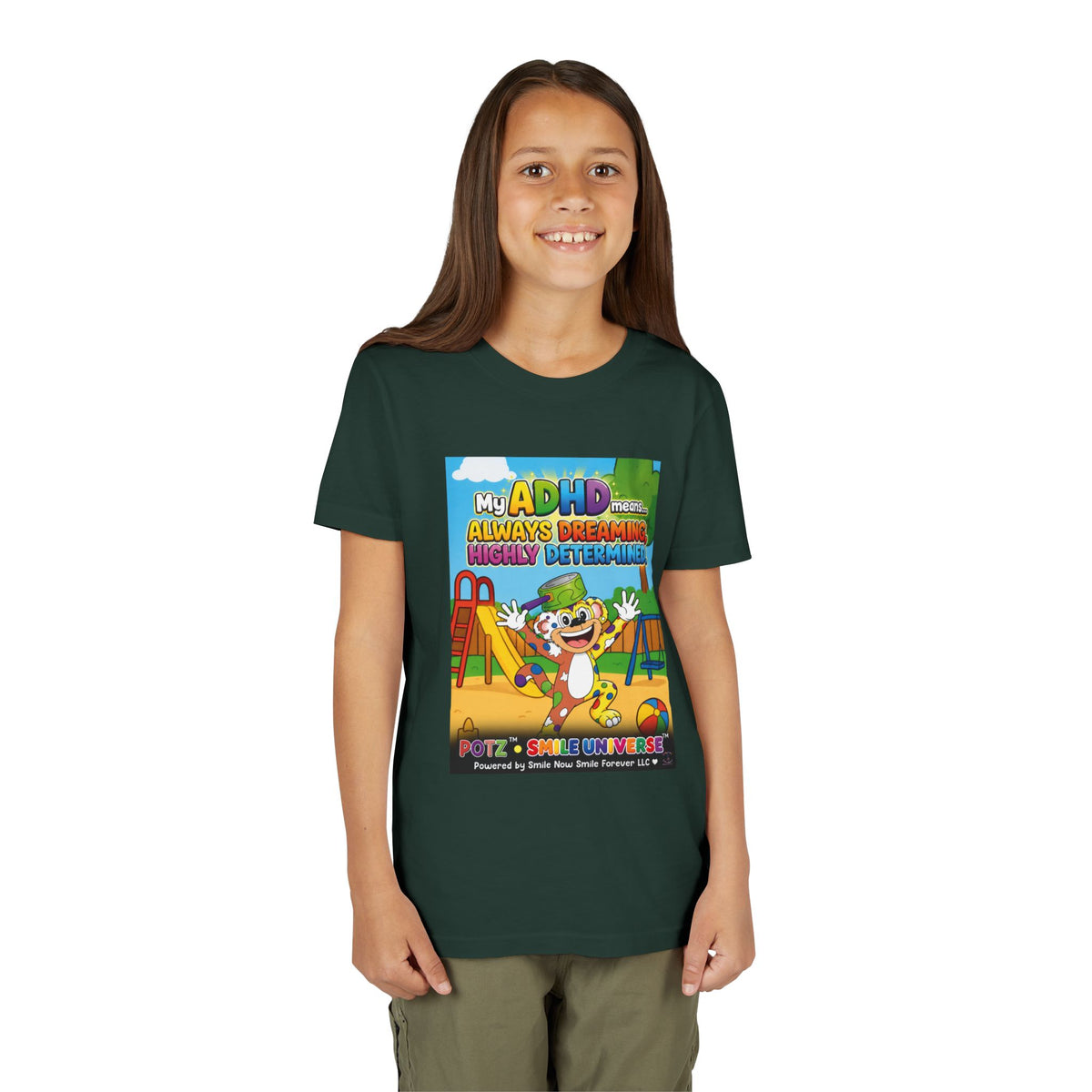 Potz™ Youth Short Sleeve Tee – "My ADHD Means Always Dreaming, Highly Determined" Graphic Tee | Smile Universe Collection