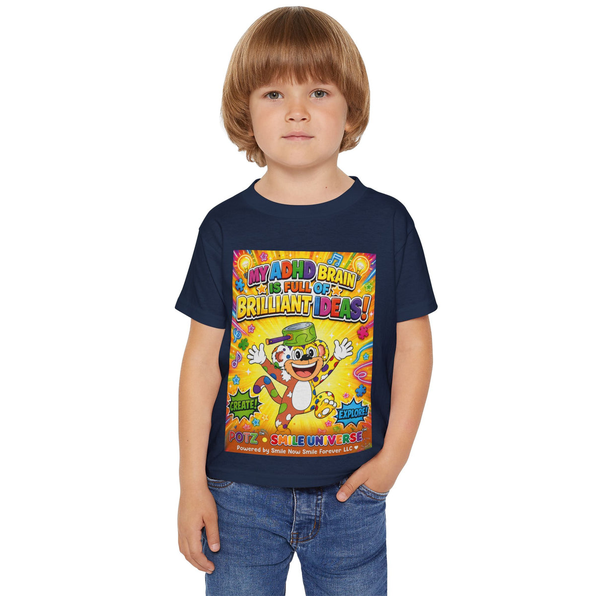 Potz™ Heavy Cotton™ Toddler T-Shirt – "My ADHD Brain is Full of Brilliant Ideas!" Graphic Tee | Smile Universe Collection