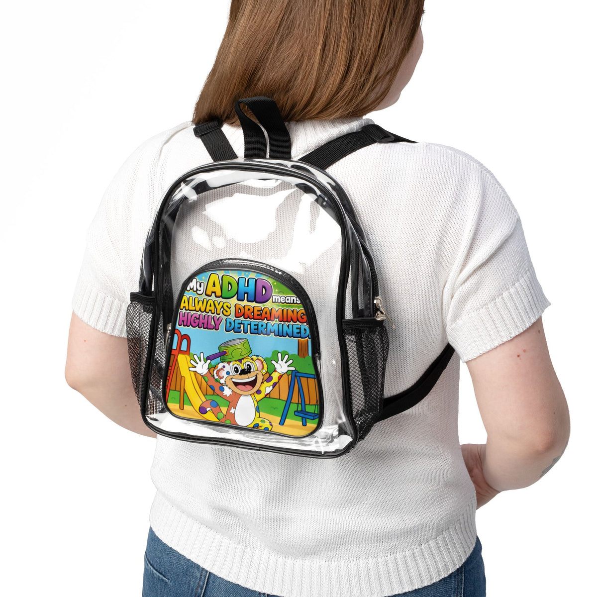 Potz™ Clear Stadium Backpack – "My ADHD Means Always Dreaming, Highly Determined" Graphic Backpack | Smile Universe Collection