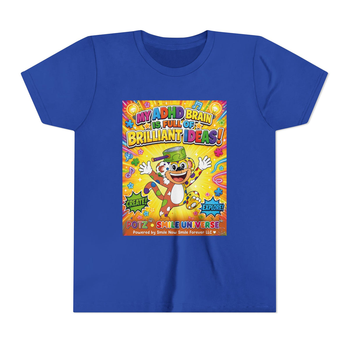 Potz™ Youth Short Sleeve Tee – "My ADHD Brain is Full of Brilliant Ideas!" Graphic Tee | Smile Universe Collection