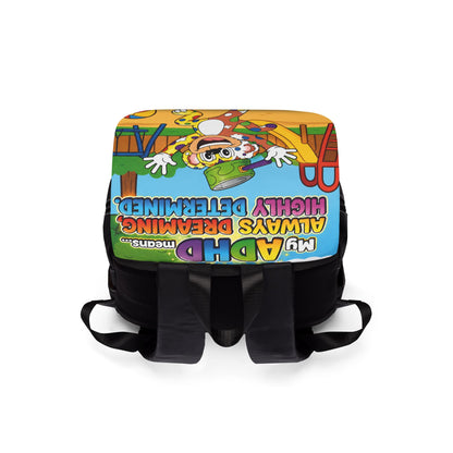 Potz™ Unisex Casual Shoulder Backpack – "My ADHD Means Always Dreaming, Highly Determined" Graphic Backpack | Smile Universe Collection