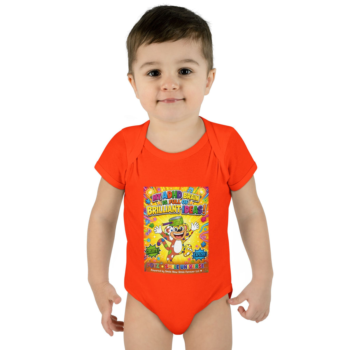 Potz™ Infant Baby Rib Bodysuit – "My ADHD Brain is Full of Brilliant Ideas!" Graphic Onesie | Smile Universe Collection