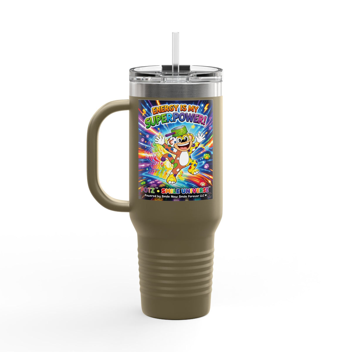 Potz™ Insulated Travel Mug 40oz – "Energy is My Superpower!" Graphic Tumbler | Smile Universe Collection
