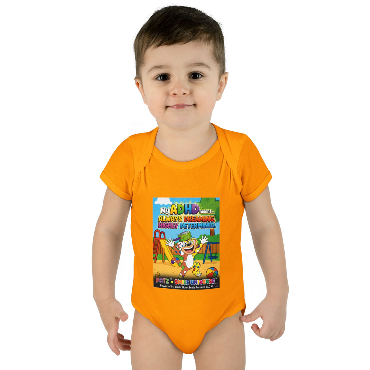 Potz™ Infant Baby Rib Bodysuit – "My ADHD Means Always Dreaming, Highly Determined" Graphic Onesie | Smile Universe Collection