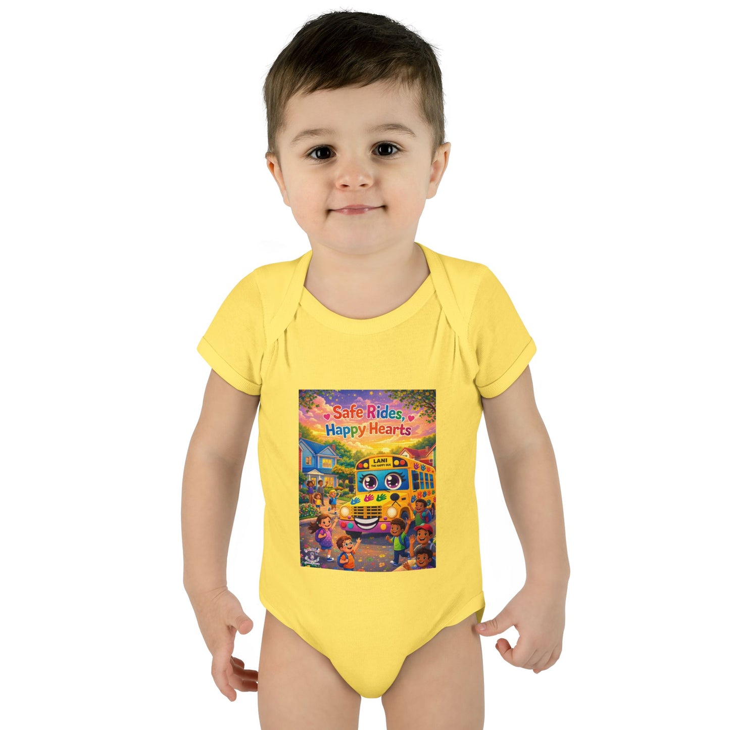 Lani™ Infant Baby Rib Bodysuit – "Safe Rides, Happy Hearts" Graphic