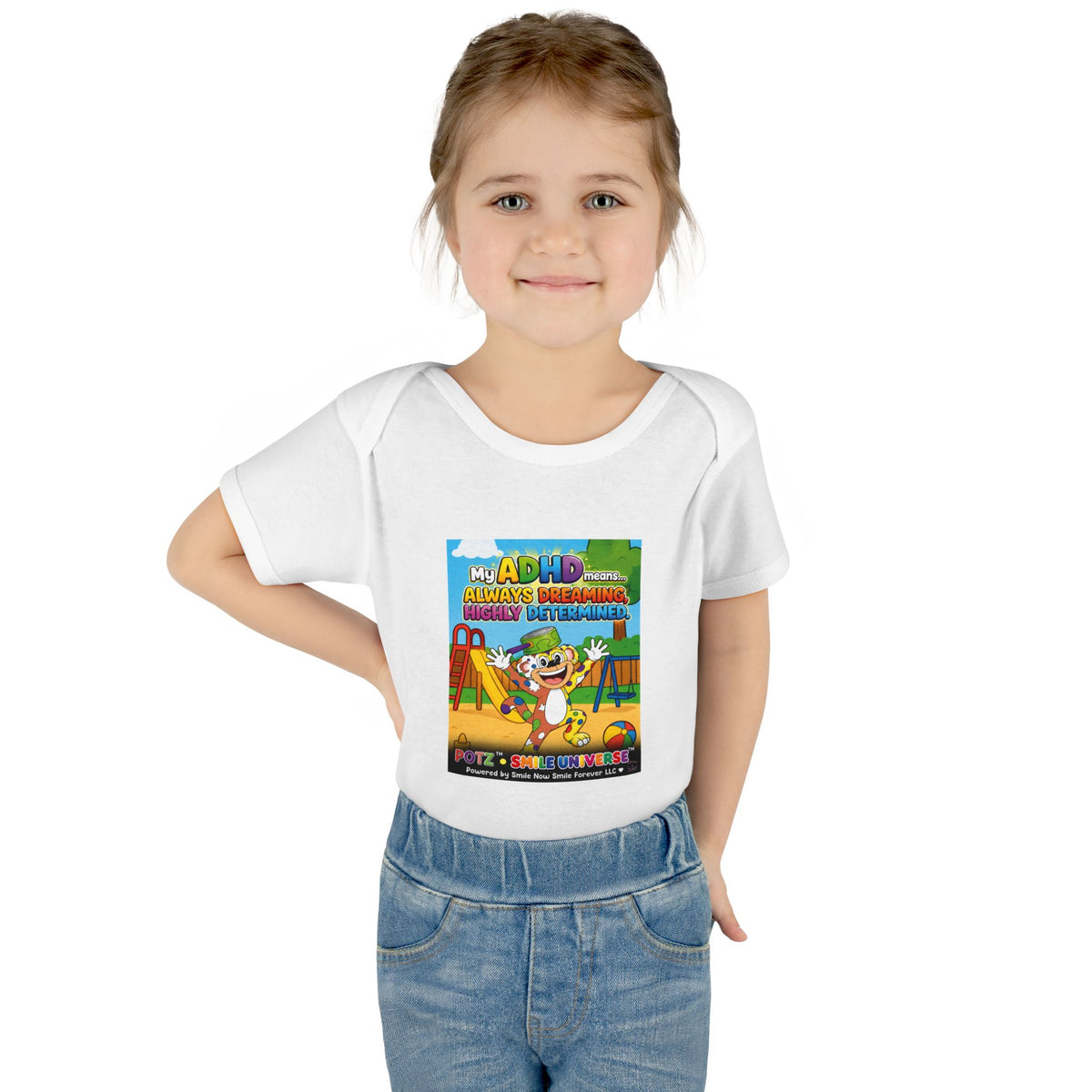 Potz™ Infant Baby Rib Bodysuit – "My ADHD Means Always Dreaming, Highly Determined" Graphic Onesie | Smile Universe Collection