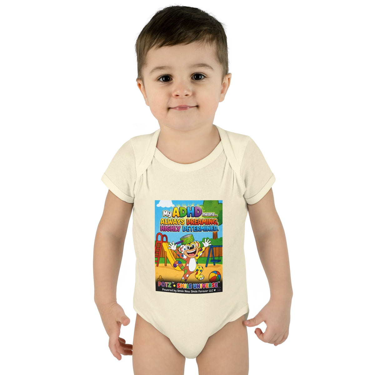 Potz™ Infant Baby Rib Bodysuit – "My ADHD Means Always Dreaming, Highly Determined" Graphic Onesie | Smile Universe Collection
