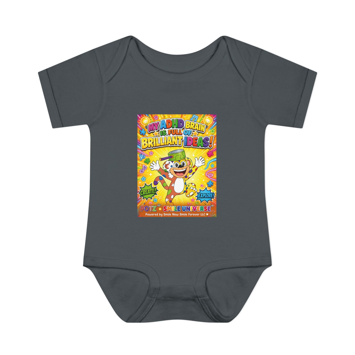 Potz™ Infant Baby Rib Bodysuit – "My ADHD Brain is Full of Brilliant Ideas!" Graphic Onesie | Smile Universe Collection