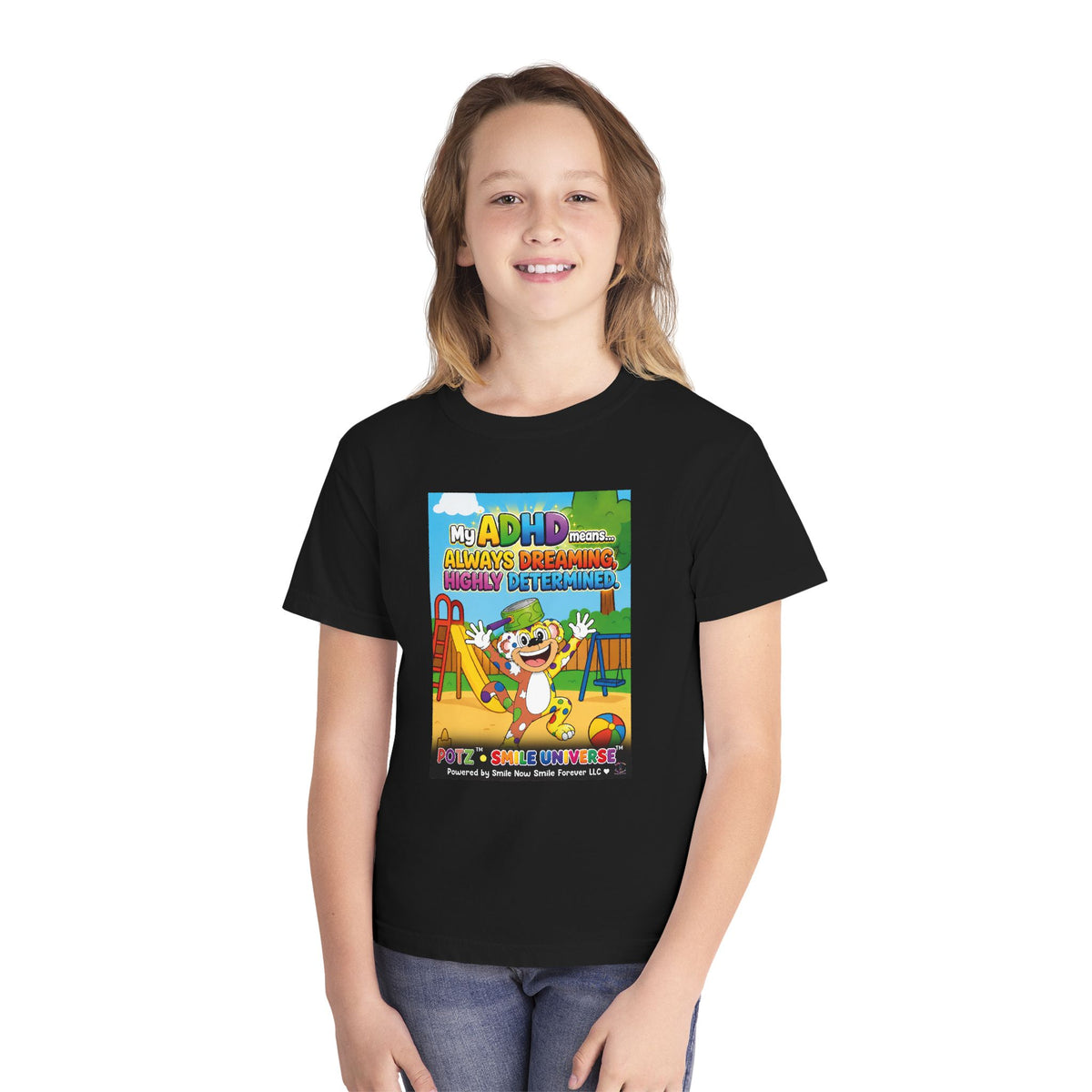 Potz™ Youth Midweight Tee – "My ADHD Means Always Dreaming, Highly Determined" Graphic Tee | Smile Universe Collection
