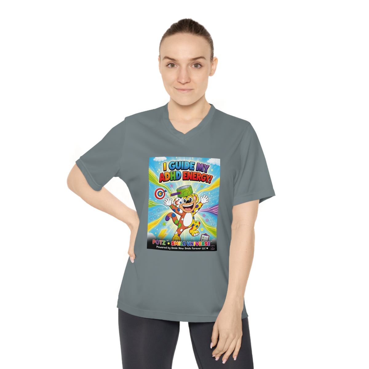 Potz™ Women's Performance V-Neck T-Shirt – "I Guide My ADHD Energy!" Graphic Tee | Smile Universe Collection