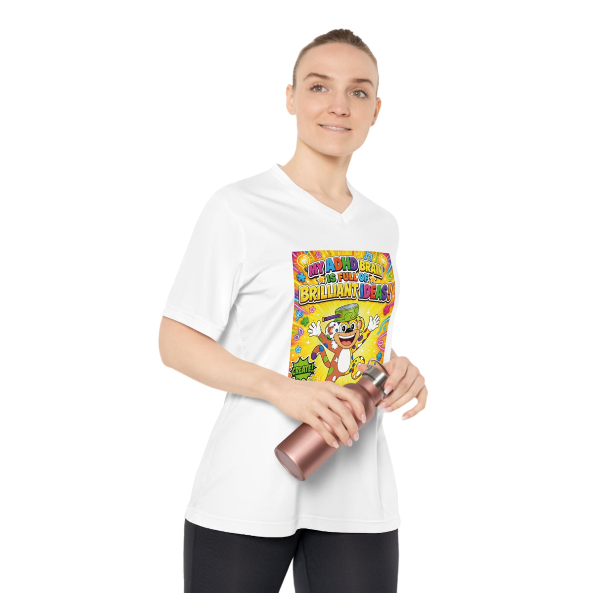 Potz™ Women's Performance V-Neck T-Shirt – "My ADHD Brain is Full of Brilliant Ideas!" Graphic Tee | Smile Universe Collection