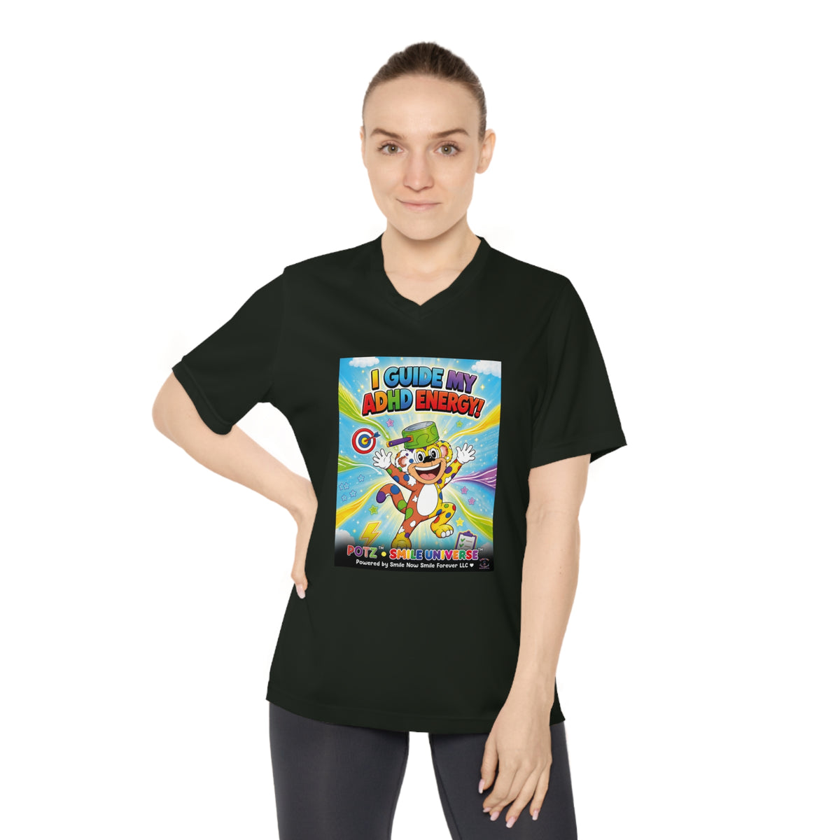 Potz™ Women's Performance V-Neck T-Shirt – "I Guide My ADHD Energy!" Graphic Tee | Smile Universe Collection
