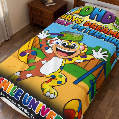 Potz™ Velveteen Plush Blanket – "My ADHD Means Always Dreaming, Highly Determined" Graphic Throw | Smile Universe Collection