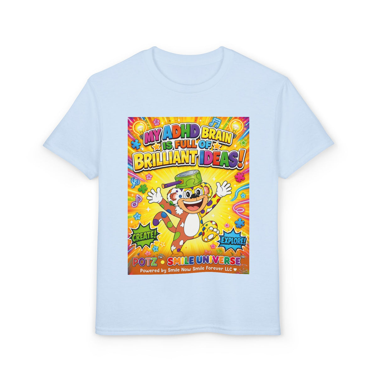 Potz™ Youth DryBlend® T-Shirt – "My ADHD Brain is Full of Brilliant Ideas!" Graphic Tee | Smile Universe Collection
