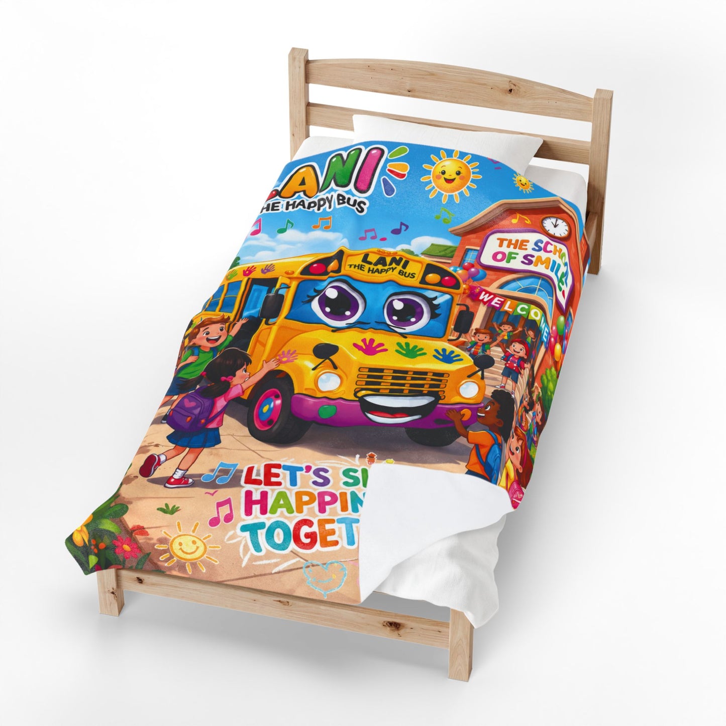 Lani the Happy Bus Kids Velveteen Blanket — "Let's Sing Happiness Together" Cozy Throw