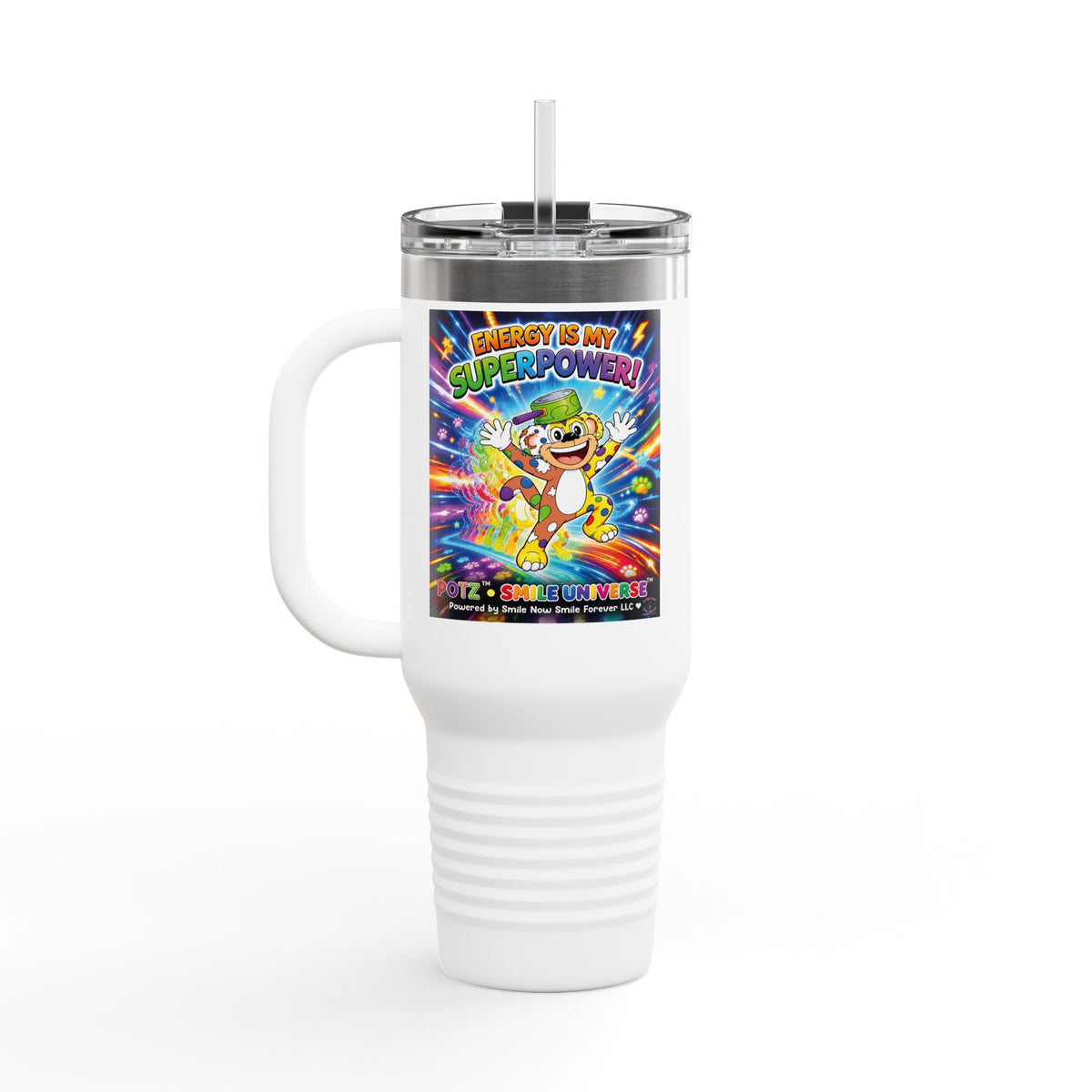 Potz™ Insulated Travel Mug 40oz – "Energy is My Superpower!" Graphic Tumbler | Smile Universe Collection